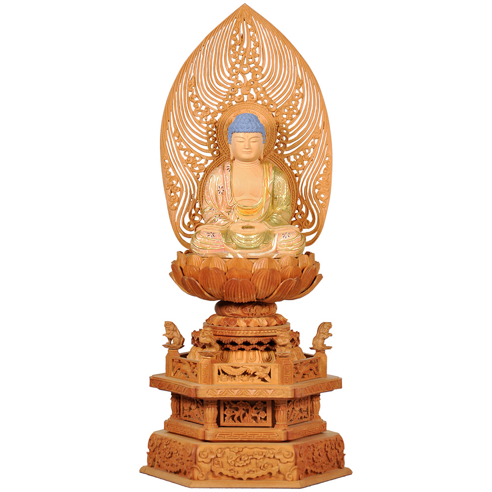 老山白檀　六角華鬘台座 阿弥陀如来立像 （金泥） 6.0寸